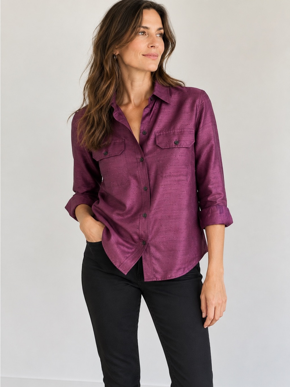 Ralph Lauren Dupioni Raw Silk Purple Button-Down 3/4 sleeve Blouse- S